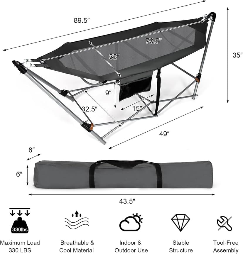 Portable Folding Hammock w/Side Pocket, Lounge Camping Bed w/Metal Stand & Anti-tip Buckles, Outdoor Camping Hammock with Carrying Bag for Patio Garden Yard, Easy Assembly (Grey)