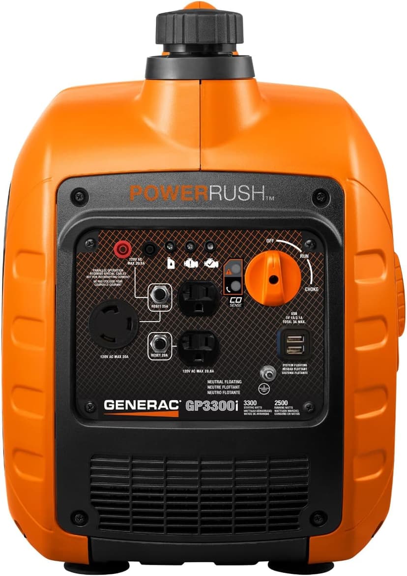 Generac 3,300-Watt Gas-Powered Portable Inverter Generator - Lightweight Design - USB Ports for Mobile Device Charging - COsense Technology - Perfect for Home use - Orange/Black