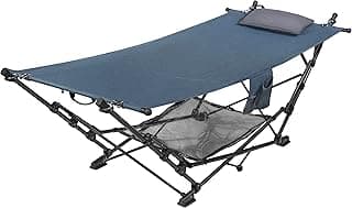 Zenithen Outdoor Patio Folding Collapsible Hammock with Sturdy Frame and Pillow, Perfect for Camping, Outdoor Recreation and as Patio Furniture, Blue (Pack of 1)