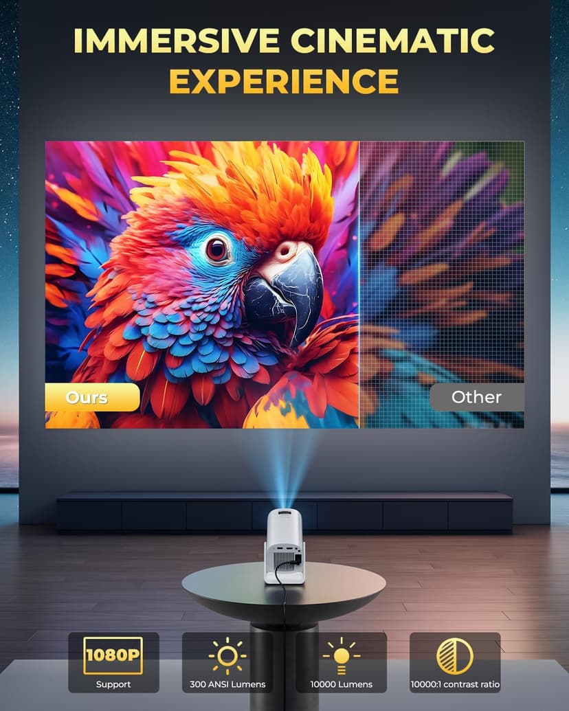 [Built-in Apps & Star Modes & Ambient Light] OPOQO 4K Mini Projector with WiFi and Bluetooth, Full HD 1080P Supported, 270° Portable Outdoor Movie Projector for TV Stick/Smartphone/HDMI/USB
