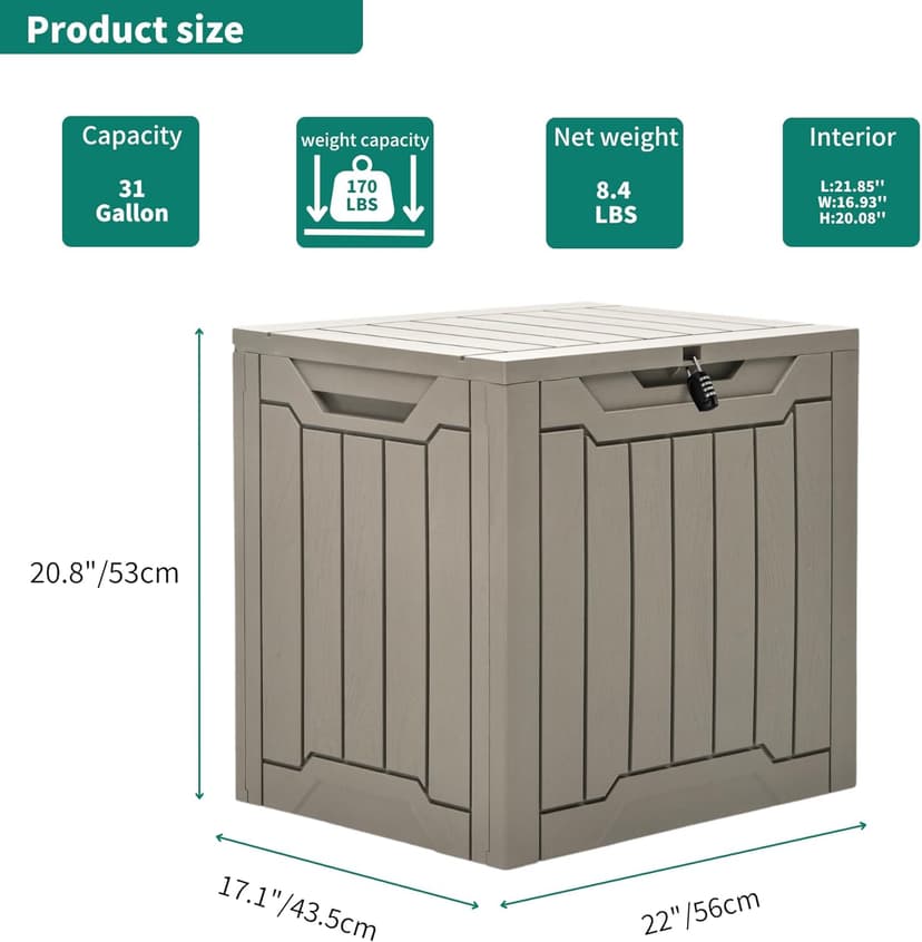 YITAHOME Outdoor Resin Storage Box 31 Gal, Water-resistant Patio Deck Box Outdoor Storage Box for Pillows, Garden Equipment, Securely Lockable, Light Brown