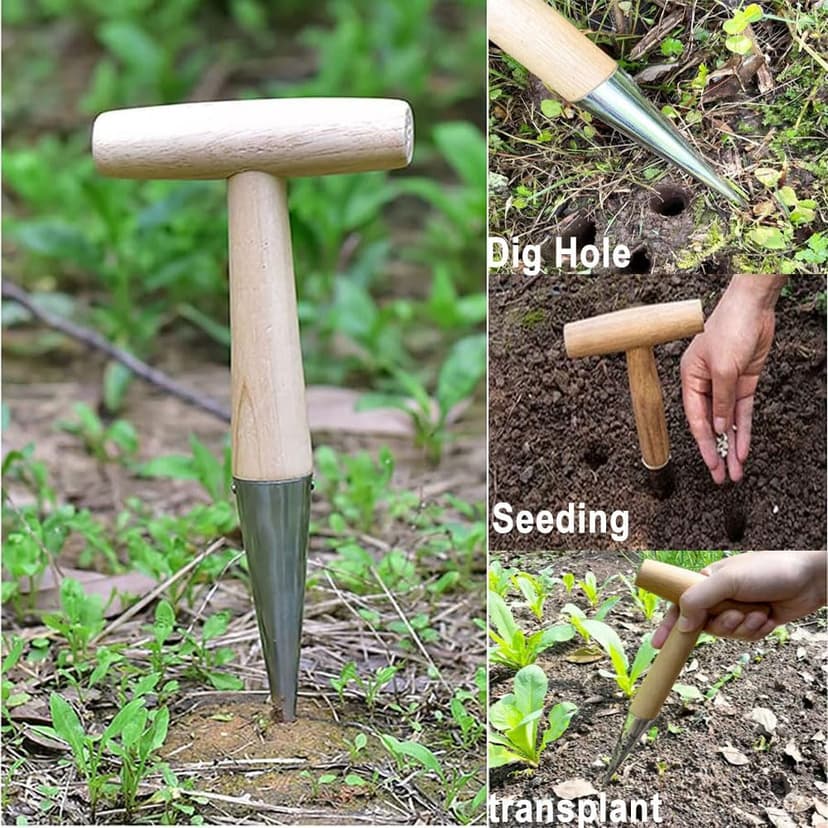 Hand Dibber Stainless Steel Sow Dibbler with Wooden Handle Garden Hole Punch Dibbler Tool for Planting Flowers Tulips, Transplanting Plants,Transplanting Seedling (Garden Dibbler)