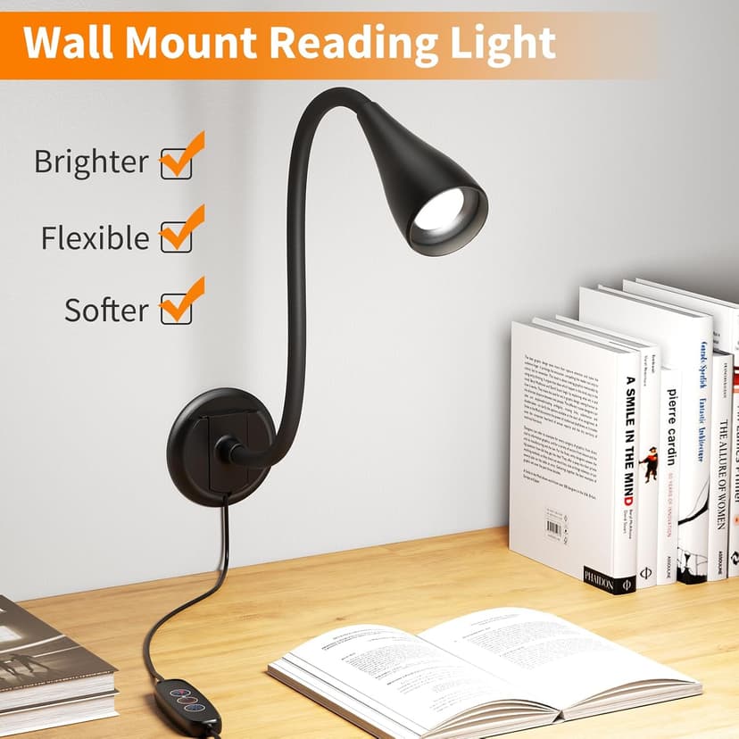 Dim Book Lights for Reading at Night,USB Goose Reading Lights for Books in Bed Headboard,LED Night Lights Plug into Wall,Adhesive Wall Lights for Bedroom,Portable Plug in Wall Sconces Hardwired,1 Pack