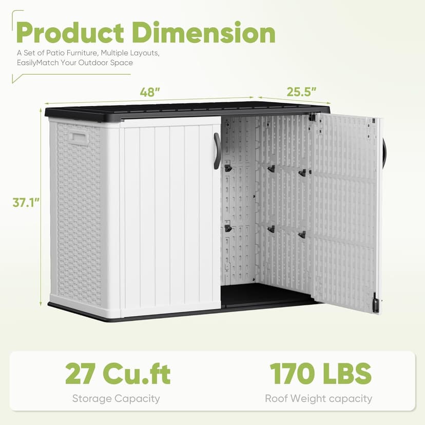 Devoko Outdoor Storage Cabinet 26 Cu Ft with Pad-Lockable Doors, Horizontal Storage Shed Waterproof Patio Tools Storage Box for Sofa Cushions, Gardening Tools and Accessories (White)