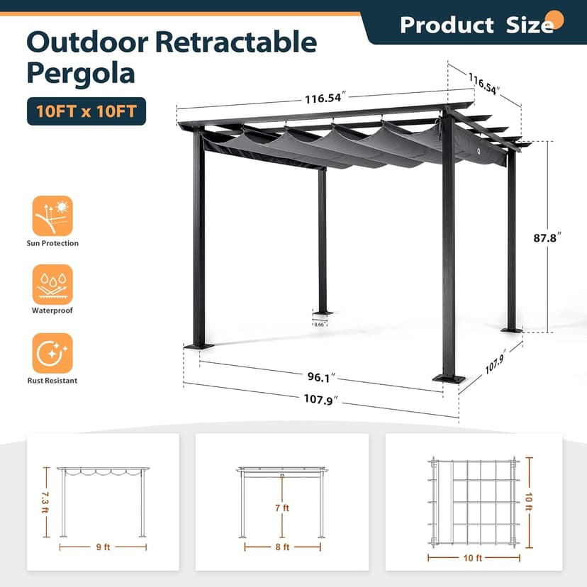 HAPPATIO 10' X 10' Pergola Retractable Canopy for Backyards, Gardens, Patios, Outdoor Pergola with Sun Shade Canopy, Includes Ground Studs and Expansion Screws (Grey)