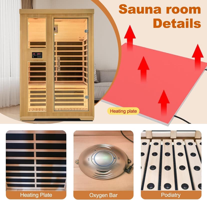 2-Person Infrared Sauna, Indoor Home Sauna Room Hemlock Wood Sauna Low EMF Far Infrared Heating with Tempered Glass Door Bluetooth Speakers, Chromotherapy Lights for Family（110V, 1850W）Truck delivery