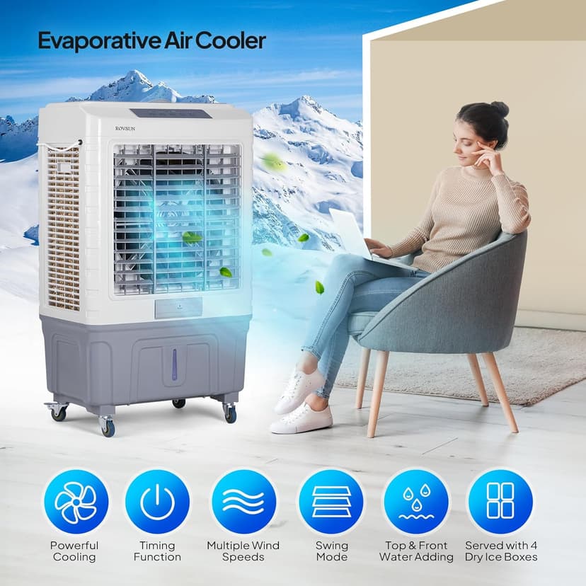 ROVSUN 4100CFM Portable Air Cooler, 13.2Gal/50L Evaporative Swamp Cooler, 3-IN-1 Cooling Fan with Remote Control, 3 Speeds, 7.5H Timer & 4 Ice Box, Humidifying Oscillating Fan for Indoor or Outdoor
