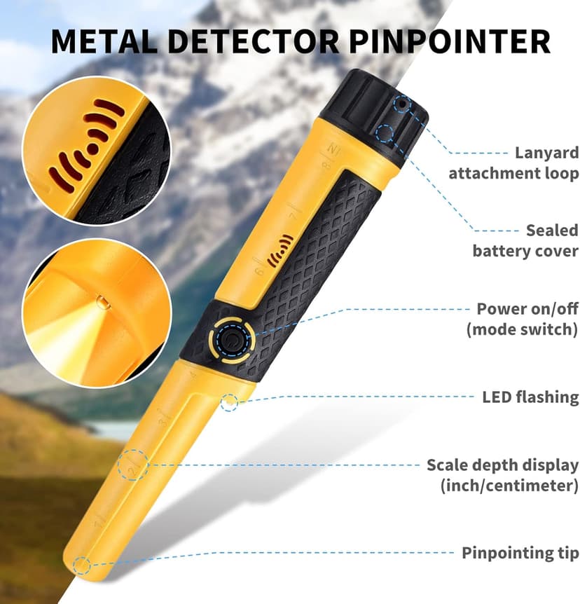 SAKOBS Metal Detector Pinpointer Wand: 5" Detection Depth, IP68 Fully Waterproof, Up to 66 Feet Underwater, 360°Detection Handheld Pin Pointer, 3 Modes (Buzzer, Vibration,Sound) for Adults & Kids