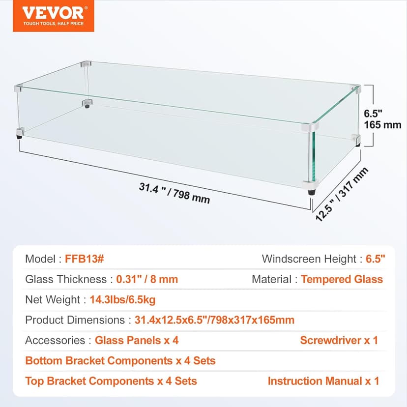 Glass Wind Guard for Rectangular Fire Pit Table 31 x 12.5 x 6.5 Inch, 0.31 inch Thick and Sturdy Tempered Glass Panel with Hard Aluminum Corner Bracket & Rubber Feet, Easy to Assemble