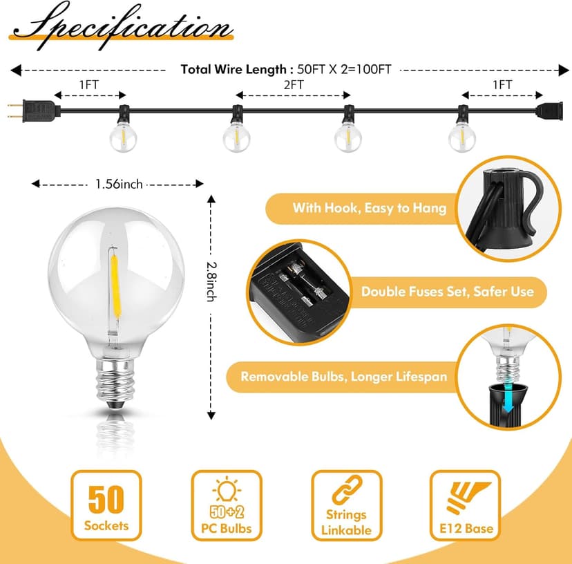 100FT LED Outdoor String Lights Patio Light with 52 Shatterproof G40 Dimmable Globe Bulb, 2-Pack 50FT Waterproof Outside Hanging String Light for Christmas Backyard Porch Balcony Gazebo Party