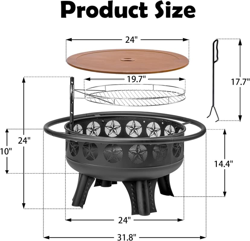 3-in-1 Fire Pit with Swivel Cooking Grate, 32 Inch Wood Burning Firepit with Grill, Outdoor Fire Pits Table with Metal Lid and Poker for Outside Patio Backyard BBQ Bonfire Camping (Black)