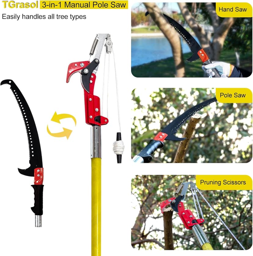 30 FT Manual Pole Saw for Tree Trimming, Extendable Tree Pruner with Sharp Steel Blade and Scissors for High Branches, Sturdy Design Ideal for Pruning Palms and Shrubs