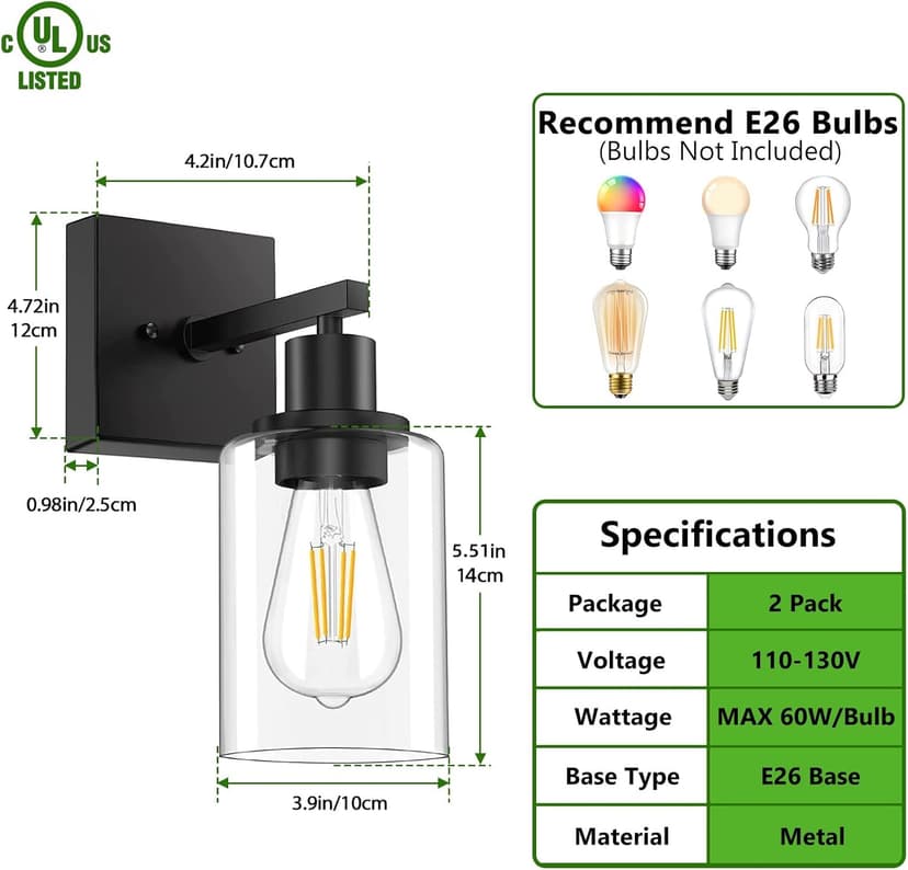 Licperron Black Vanity Wall Sconces Set of Two, Modern Sconces Wall Lighting Fixture with Clear Glass Shade for Bathroom, Industrial Metal Wall Mount Lamp for Bedroom Mirror Living Room
