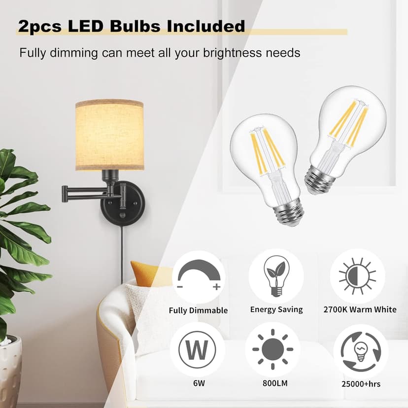 ENCOMLI Dimmable Plug in Wall Sconces, Swing Arm Wall Lamp, Wall Sconces Set of Two, Plug in Wall Light, Sconces Wall Decor Set of 2, Linen Fabric Shade, 2pcs Bulbs Included