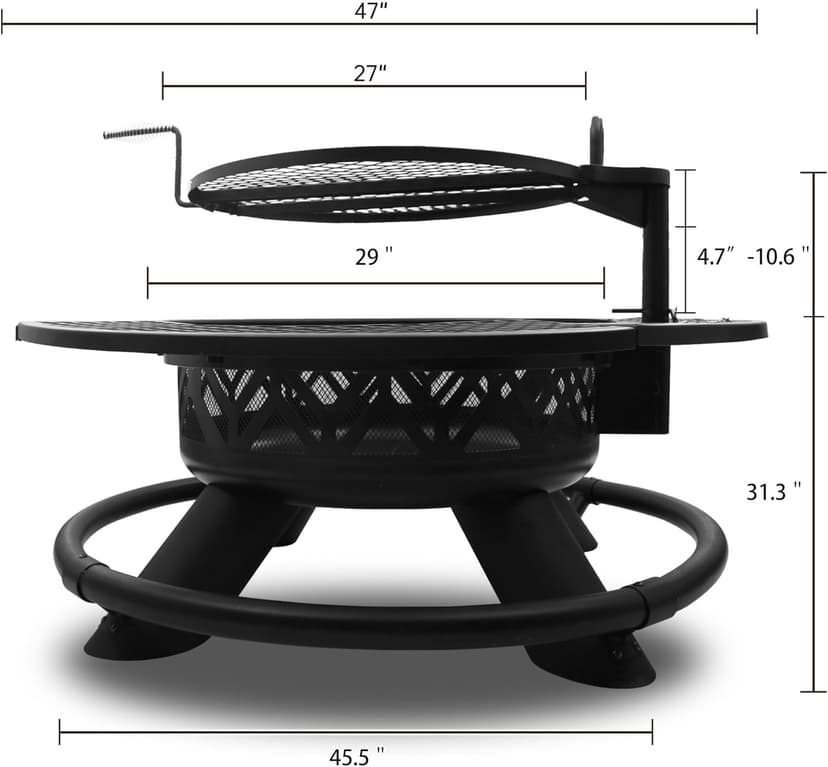 Red Mountain Valley 47" Outdoor Fire Pit with Adjustable Grill, 2-in-1 Large Wood Burning Round Fire Pits, Metal Outdoor Fireplaces, Round Metal Table for Patio, Backyard, Black