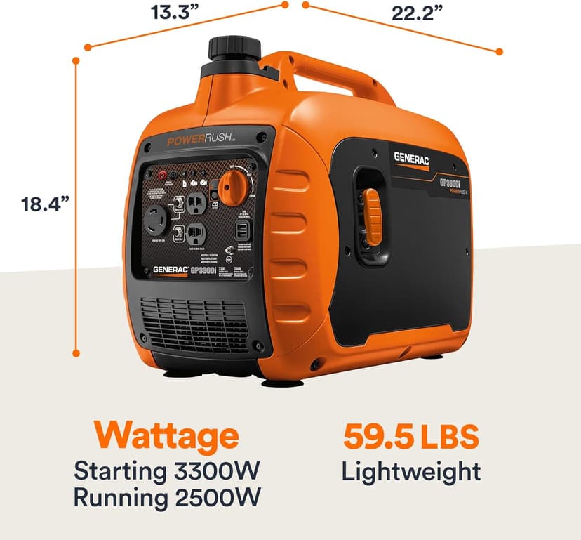 Generac 3,300-Watt Gas-Powered Portable Inverter Generator - Lightweight Design - USB Ports for Mobile Device Charging - COsense Technology - Perfect for Home use - Orange/Black