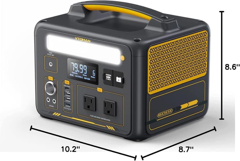 VTOMAN Jump 600X Portable Power Station, LFP Battery Powered Generator with 2x 600W AC Outlets (Surge 1200W), 4x USB ports, 3x DC Output for Outdoor Camping, Vehicle Emergency, Electric Backup