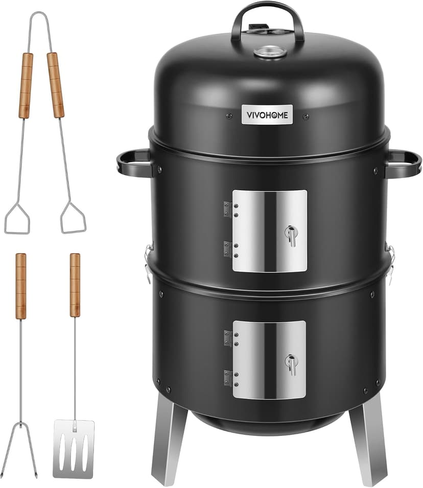 VIVOHOME 3-in-1 Vertical Charcoal Smoker, BBQ Smoker Grill with Built-in Thermometer, Air Vent, and 2 Access Doors, Idea for Parties, Backyard, Barbecues