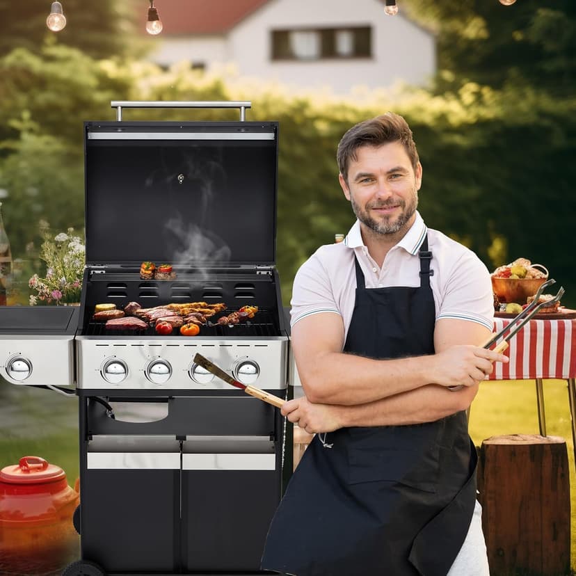 4-Burner Propane Gas Grill with Side Burner, Stainless Steel Spice Rack 542 Sq.In BBQ, 45,000 BTU Portable Propane Grill Output for Outdoor Cooking Kitchen, Barbecue Garden Patio Backyard