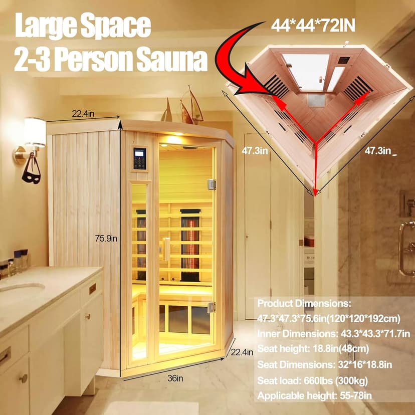 Ceramic Infrared Sauna 2-3 Person Far Infrared Saunas for Home Low EMF Indoor Home Sauna Hemlock Wooden Corner Sauna Room w/Bluetooth Speaker, LED Reading Lamp, Chromotherapy Light