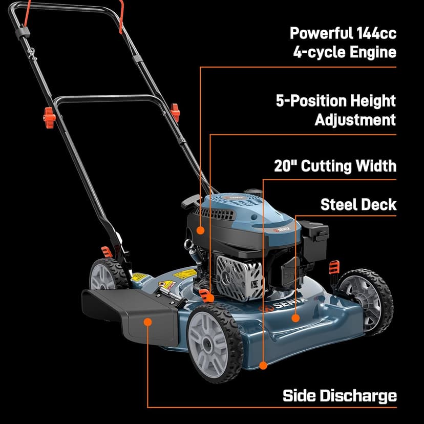 Senix 144 cc Gas Lawn Mower, 20 inch 2-in-1 Push Mower with Mulching and Side Discharge, 4-Cycle Engine, 5 Position Cutting Height Adjustment for Lawn, Yard and Garden (LSPG-L5)
