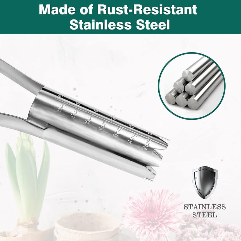 Garden Bulb Planter with 6 inches Depth Mark, Garden Bulb Transplanter Tool with Wooden Handle, Stainless Steel Soil Release Tool for Transplanting Digging Planting Flowers