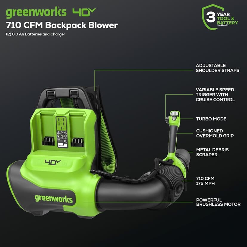 Greenworks 40V (175 MPH / 710 CFM) Dual Port Cordless Brushless Backpack Leaf Blower, (2) 8.0Ah Battery and Charger Included