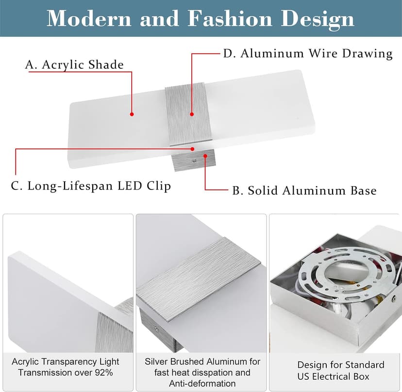 Lightess Modern Wall Sconce Dimmable 12W, Up Down Wall Lights Acrylic LED Wall Lamp for Hallway Bedroom Corridor, Cool White, HS521-1