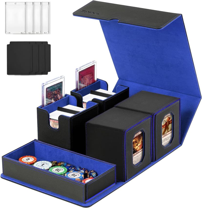 Trading Card Storage Box with Commander Display for MTG, TCG, Sports Cards, 5-in-1 Card Deck Box, Holds 450+ Double-Sleeved Cards, 4 Individual Deck Cases with Covers, Dice Tray & Magnetic Holders