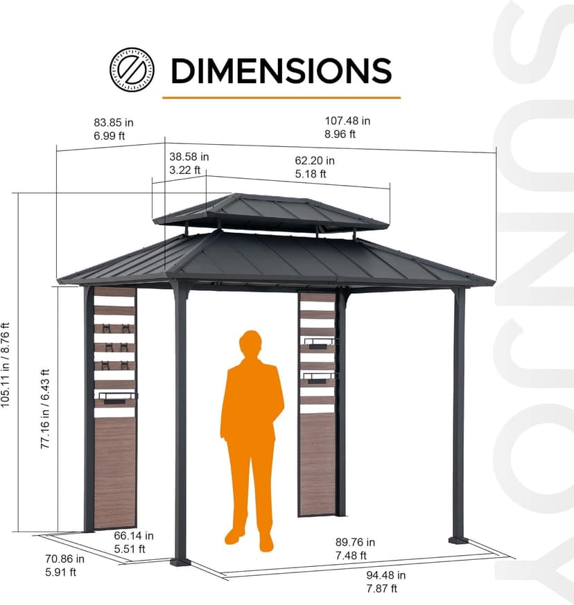 Sunjoy 7 x 9 ft. Grill Gazebo, 2-Tier Hardtop Gazebo Pergola with Ceiling Hooks and Storage Shelves, Matte Black