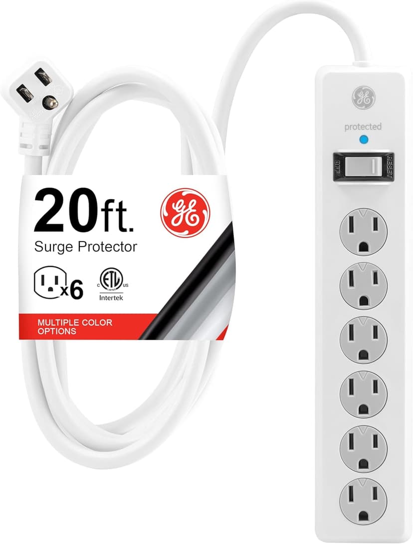 GE 6-Outlet Surge Protector, 20 Ft Extension Cord, Power Strip, 800 Joules, Flat Plug, Twist-to-Close Safety Covers, Protected Indicator Light, UL Listed, White, 50770