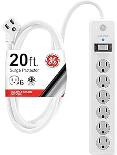 GE 6-Outlet Surge Protector, 20 Ft Extension Cord, Power Strip, 800 Joules, Flat Plug, Twist-to-Close Safety Covers, Protected Indicator Light, UL Listed, White, 50770