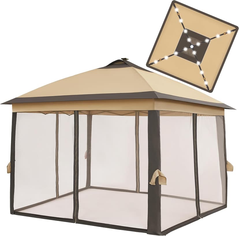 Yaheetech 11'x11' Pop Up Gazebo Instant Tent with 17 Solar LED Lights & Zippered Mesh Netting, Outdoor Shelter Sun Shade Gazebo with Sandbags for Backyard Garden Patio, Khaki & Brown