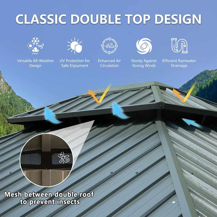 Domi 10' X 12' Hardtop Gazebo Outdoor Metal Gazebo with Galvanized Steel Double Roof Canopy, Aluminum Frame, Curtains and Netting for Patio, Deck, Garden, Grey