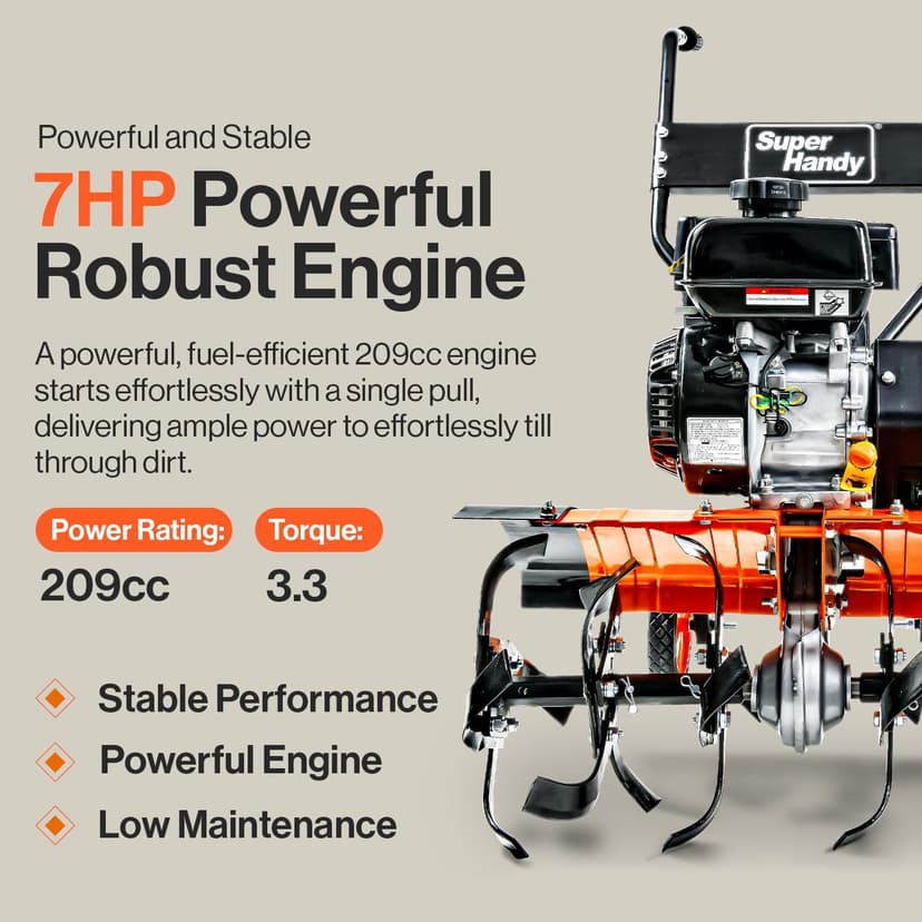 SuperHandy RotoTiller Cultivator 27” Inch Tilling Width 7HP 209cc 4 Stroke Gas Motor 6 Premium Steel Adjustable Forward Rotating Tines for Garden & Lawn, Digging, Weed Removal
