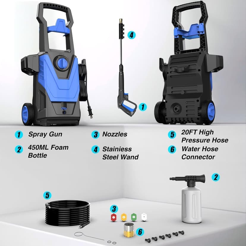 Electric Pressure Washer, 4800PSI Max 3.0GPM Power Washer Electric Powered with 20FT Hose, 35FT Power Cord, 4 Nozzles Foam Cannon High Pressure Washer for Car Patio Garden Fences(Bule)
