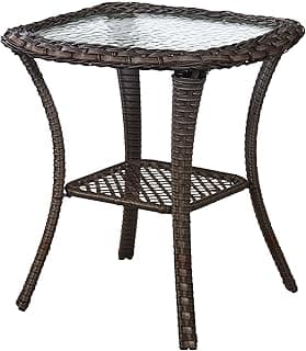 Small Outdoor Side Table - 50 LBS Weight Capacity Wicker Side Table with Storage, Tempered Glass Top Patio Side Table for Porch Balcony Deck Garden - Brown