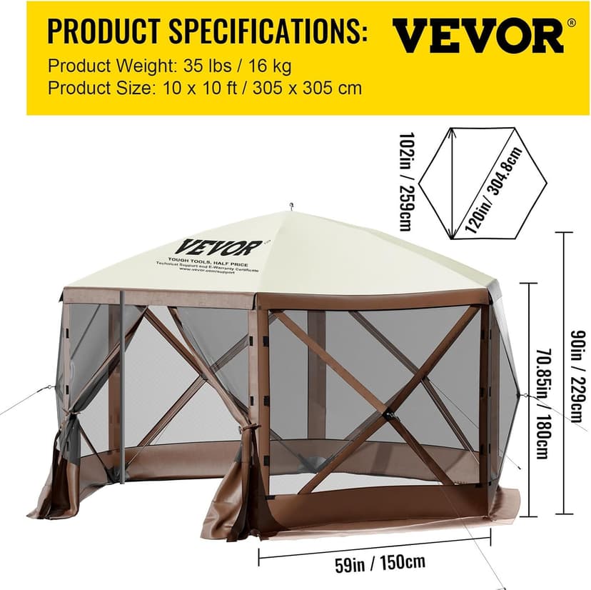 VEVOR Pop Up Gazebo Screen Tent, Pop-Up Instant Gazebo Tent with Mosquito Netting Outdoor Canopy, 6 Sided Sun Shelter 10x10ft with 6 Removable Wind Cloths & 2 Mesh Windows, Pavilion Tent for Patio