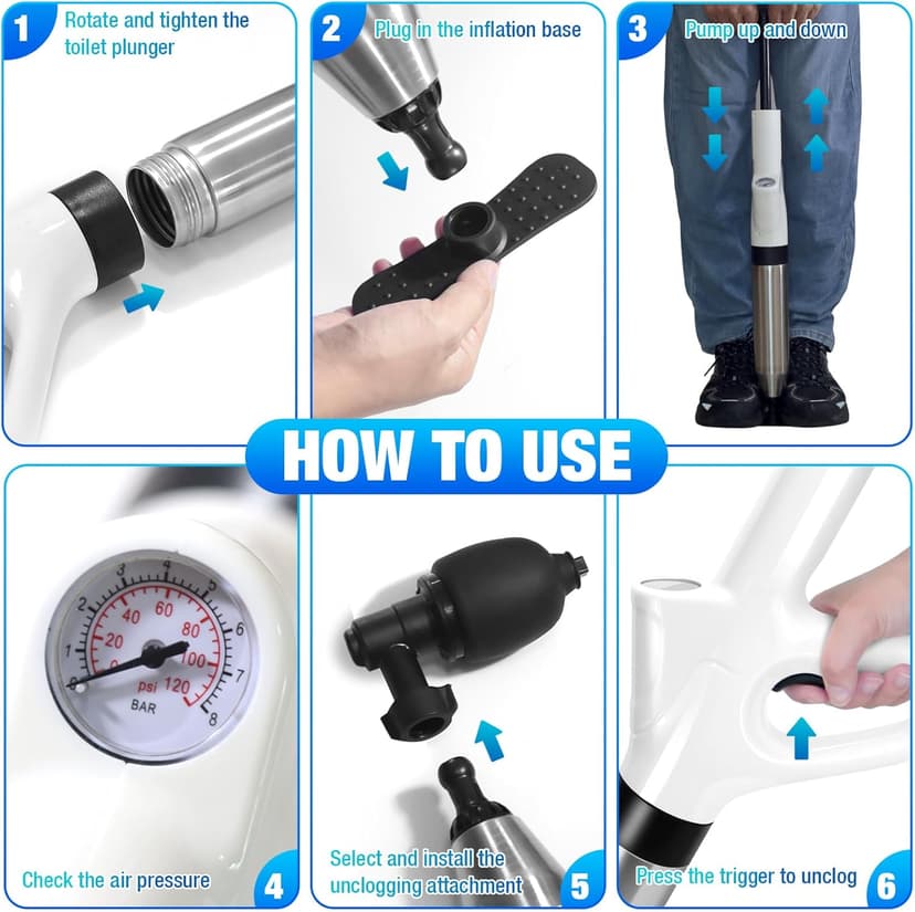 High Pressure Toilet Plunger, Air Drain Blaster Gun with Visual Barometer and Stainless Steel Plungers, Powerful Drain Clog Remover Tool for Sink, Toilet, Floor Drain - Heavy Duty Toilet Plungers