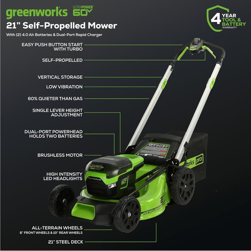 Greenworks 60V 21” Cordless (Self-Propelled) Lawn Mower (LED Lights + Aluminum Handles), 2 x 4.0Ah Batteries and Dual Port Rapid Charger