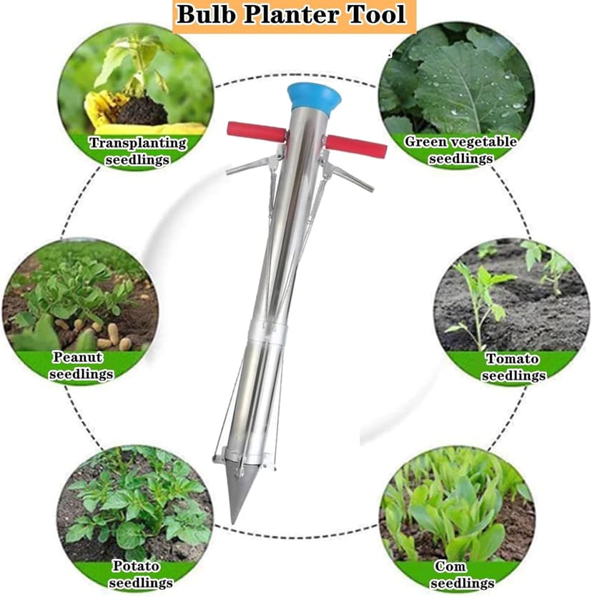 Bulb Planter Tool,2024 New Stainless Steel Planting Garden Tools, Multifunctional Garden Tool,Multi Functional Vegetable Seedling Transplanter,for Plant Bulb Seeds (Single Handle), silver