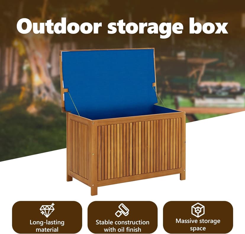 vidaXL Outdoor Storage Box, [Load Capacity Gallon] Deck Box with Lid, Storage Chest with Water-Resistant Bag Inside, 35.4''x19.7''x22.8'', Solid Acacia Wood