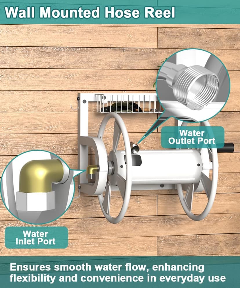 Outdoor Wall Mounted Hose Reel with Hook, Garden Heavy-Duty Water Hose Holder Winder with 3.9 ft Leader Hose, Brass Fitting and Storage Basket for Yard, Holds 125 Ft of 5/8-Inch Hose, White