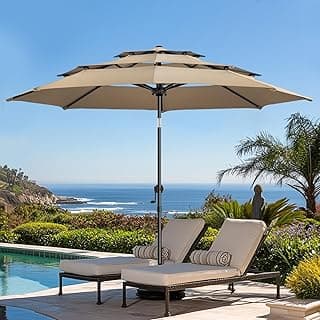 wikiwiki 9 FT Patio Umbrellas 3-Tiers Outdoor Table Market Umbrella with Push Button Tilt/Crank, Fade Resistant Waterproof POLYESTER DTY Canopy for Garden, Lawn, Deck, Backyard & Pool, Tan