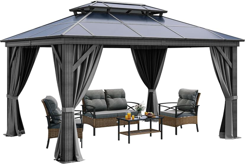 YITAHOME 10X12FT Hardtop Polycarbonate Gazebo Outdoor Patio Double Top Canopy Galvanized Iron Aluminum Column Garden Tent Curtains Netting for Backyards Decks Lawns,Gray