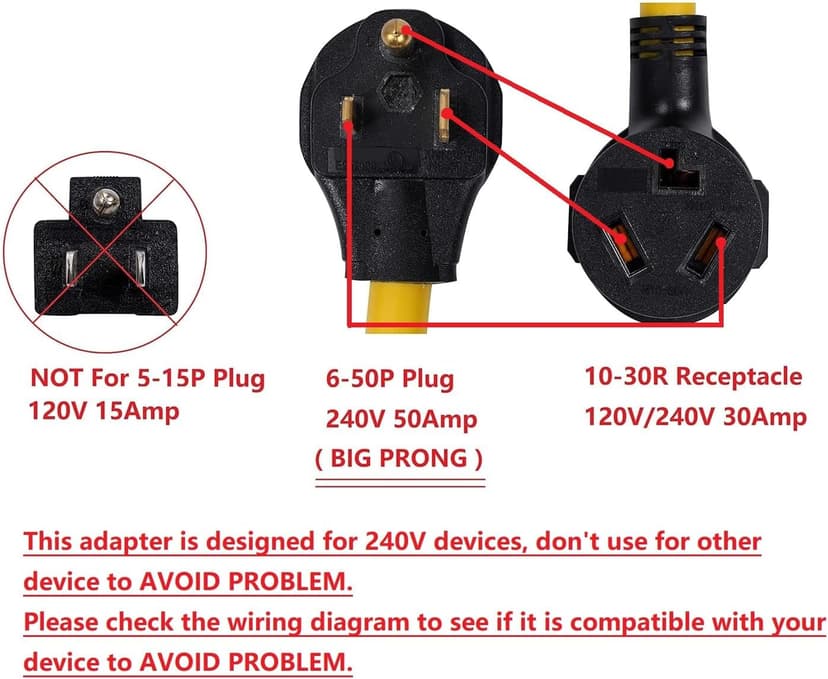 ONETAK NEMA 6-50P to 10-30R 240V 30 Amp 3 Prong Male Plug to 3 Prong Female Outlet Receptacle Generator Welder Dryer Power Cord Adapter