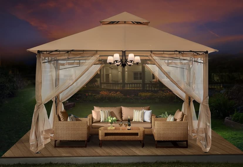 ABCCANOPY Gazebos for Patios 10x12 - Outdoor Steel Frame Gazebo with Mosquito Netting for Lawn Backyard Garden Deck (Beige)