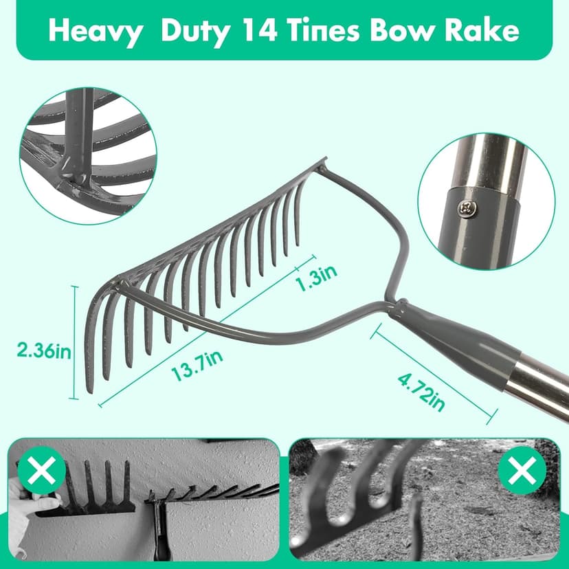 Rake, 60 Inch Garden Bow Rake with 14 Tines, Heavy Duty Stainless Steel Raking Tool for Gardening Landscaping Loosening Soil Leveling Mulching Gravel Gathering Leaf Thatch Lawn Care