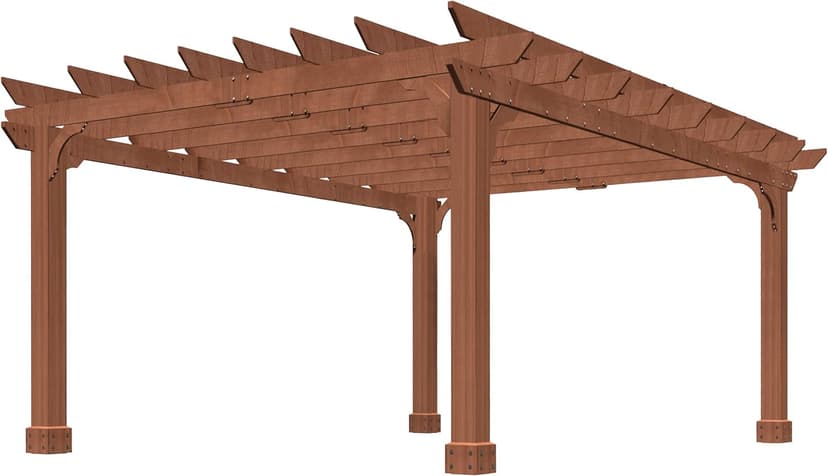 12x14 FT Wooden Pergola with Flat Roof, Cedar Wood Gazebo with Stakes Included, Outdoor Garden Shelter for Patio, Deck, Backyard, Lawn