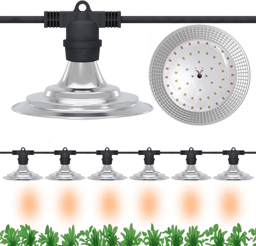 6-Light Outdoor LED Grow Lights – Waterproof Full Spectrum Greenhouse Lights for Plants, 21.3FT Adjustable String Lights with 288 LEDs E26 Base Bulbs, IP44 Waterproof for Garden, Farm, Yard